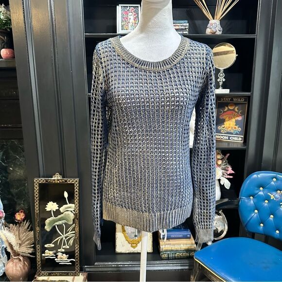 5/48 by Saks 5th Avenue Blue Gold Metallic Sweater Size XS - Picture 2 of 13